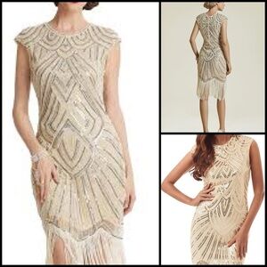 1920 Gatsby Retro. Style Beaded Sequin Fringe Cream Flapper Party Dress Size XS
